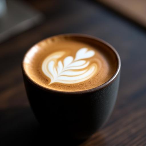 A perfectly crafted cappuccino with detailed latte art in a handmade ceramic mug, set on a dark wooden table.